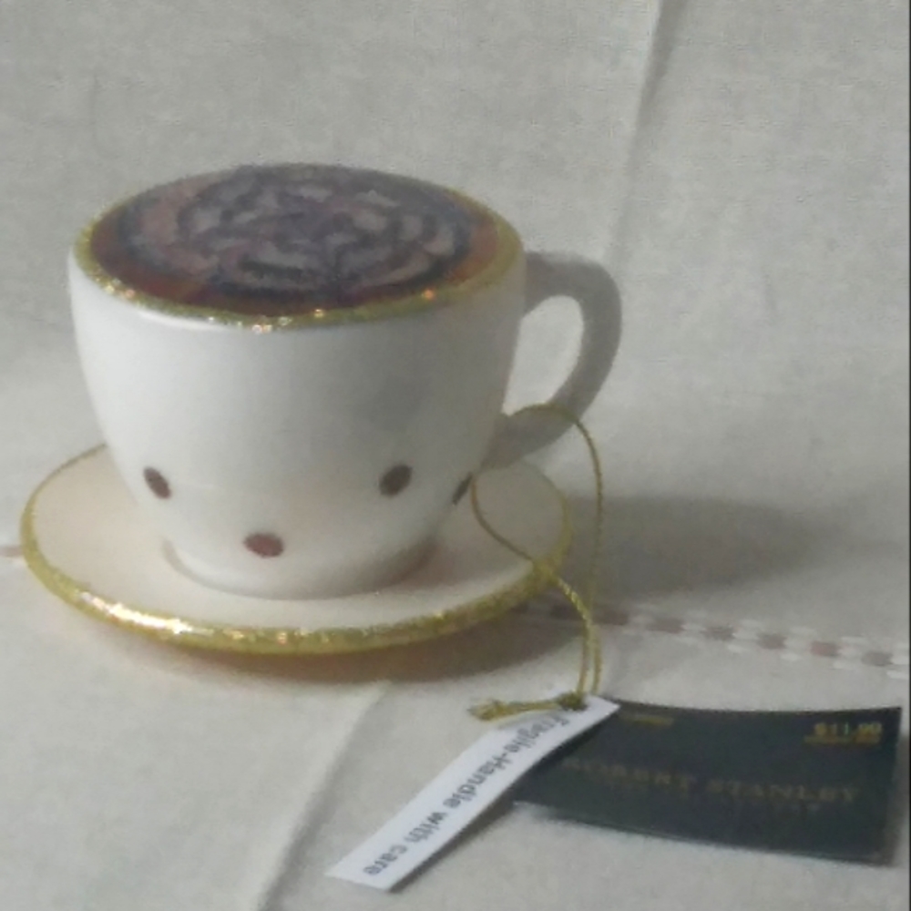 NEW Robert Stanley LATTE COFFEE Cup and Saucer Blown Glass Christmas Ornament